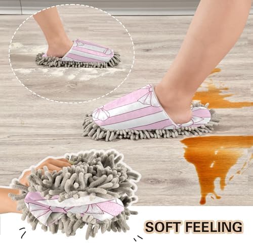 FLildon Microfiber Mop Slippers Bow Stripes Pink White Washable