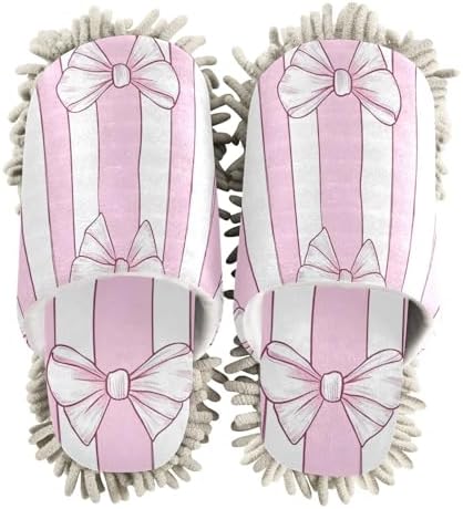 FLildon Microfiber Mop Slippers Bow Stripes Pink White Washable