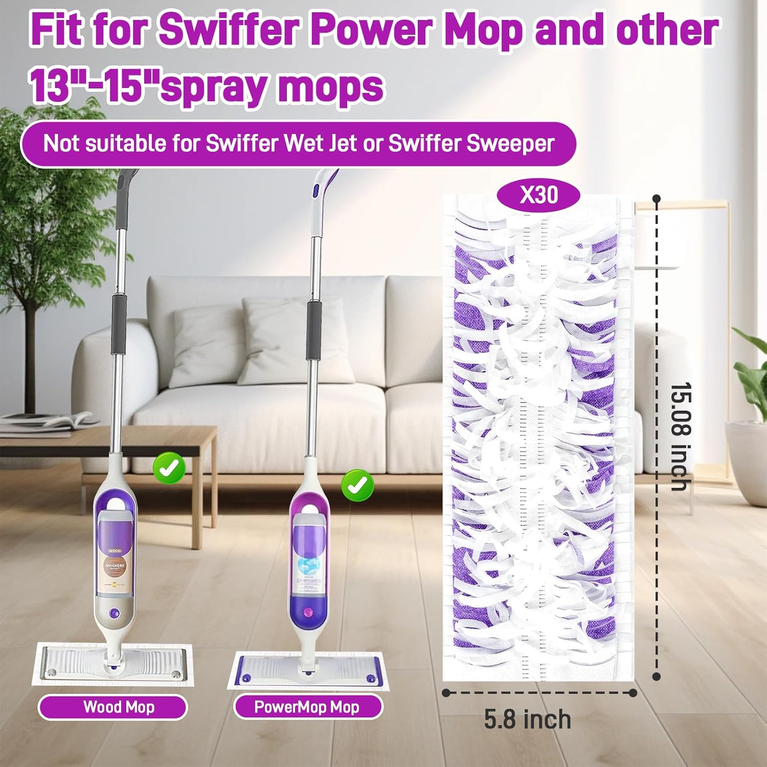 30 Pack Power Mop Refills for Swiffer Power Mop Multi-Surface Use