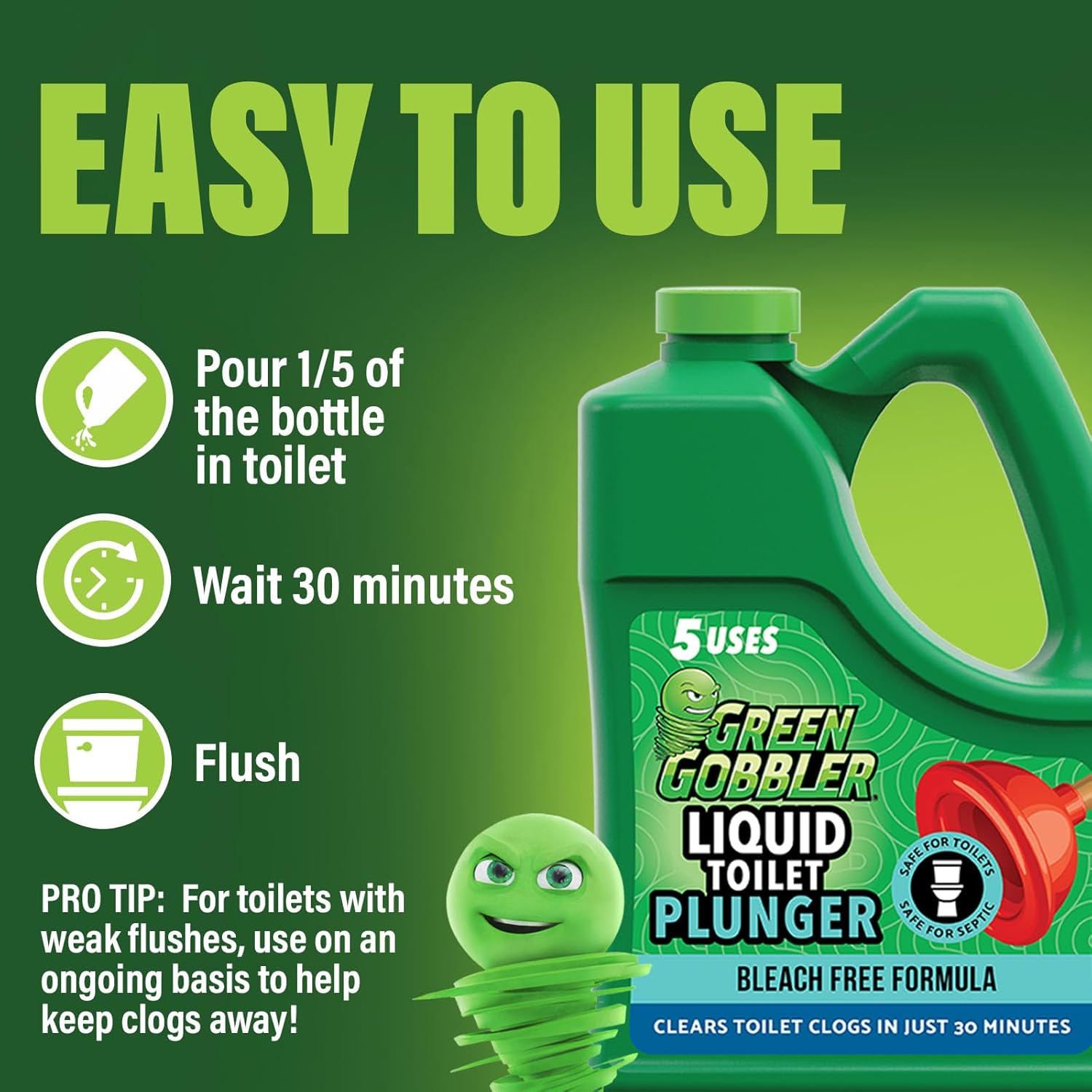 Green Gobbler Liquid Toilet Plunger - 5 Uses No Plunger Needed 1