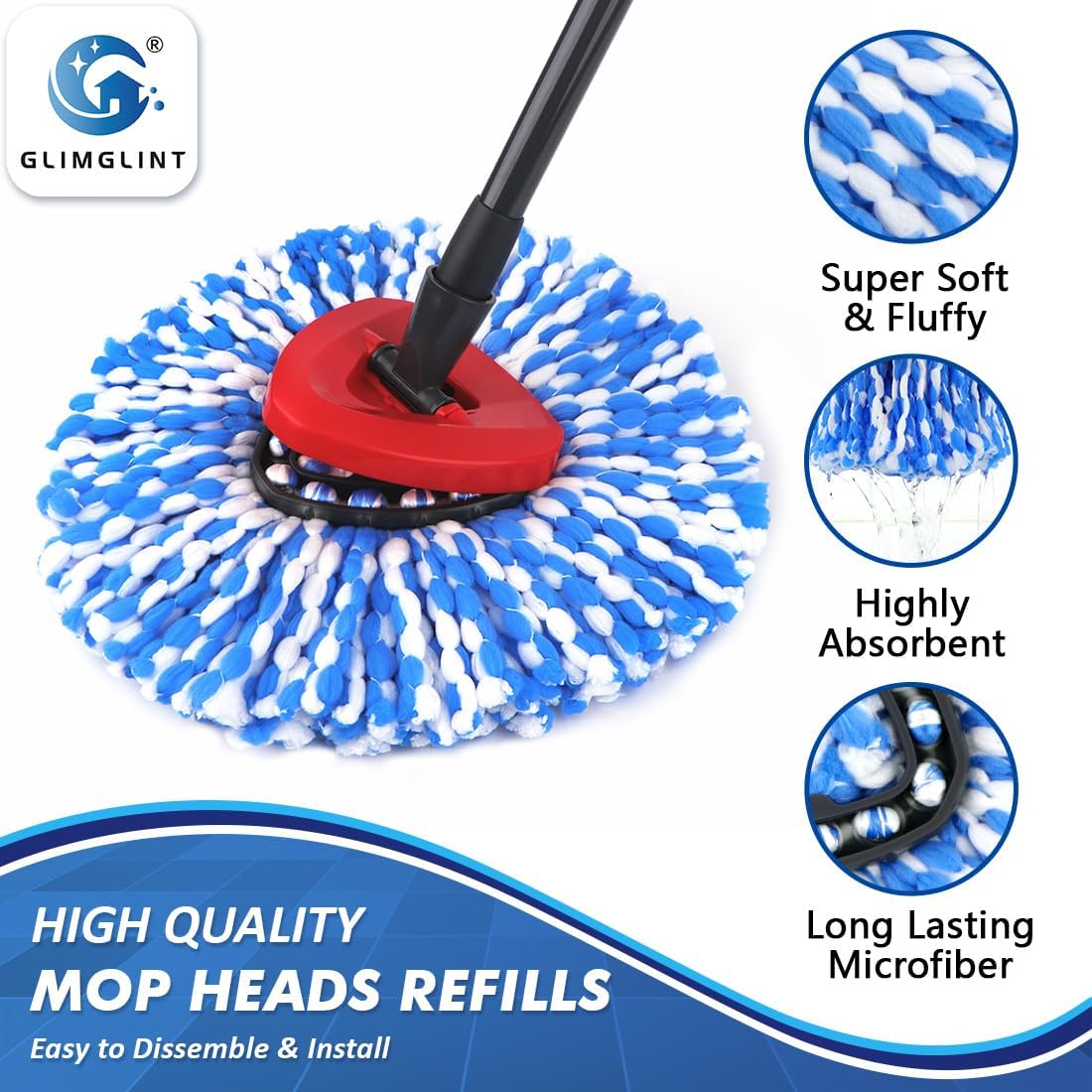 GLIMGLINT Mop Heads 3 Pack for RinseClean 2 Tank System