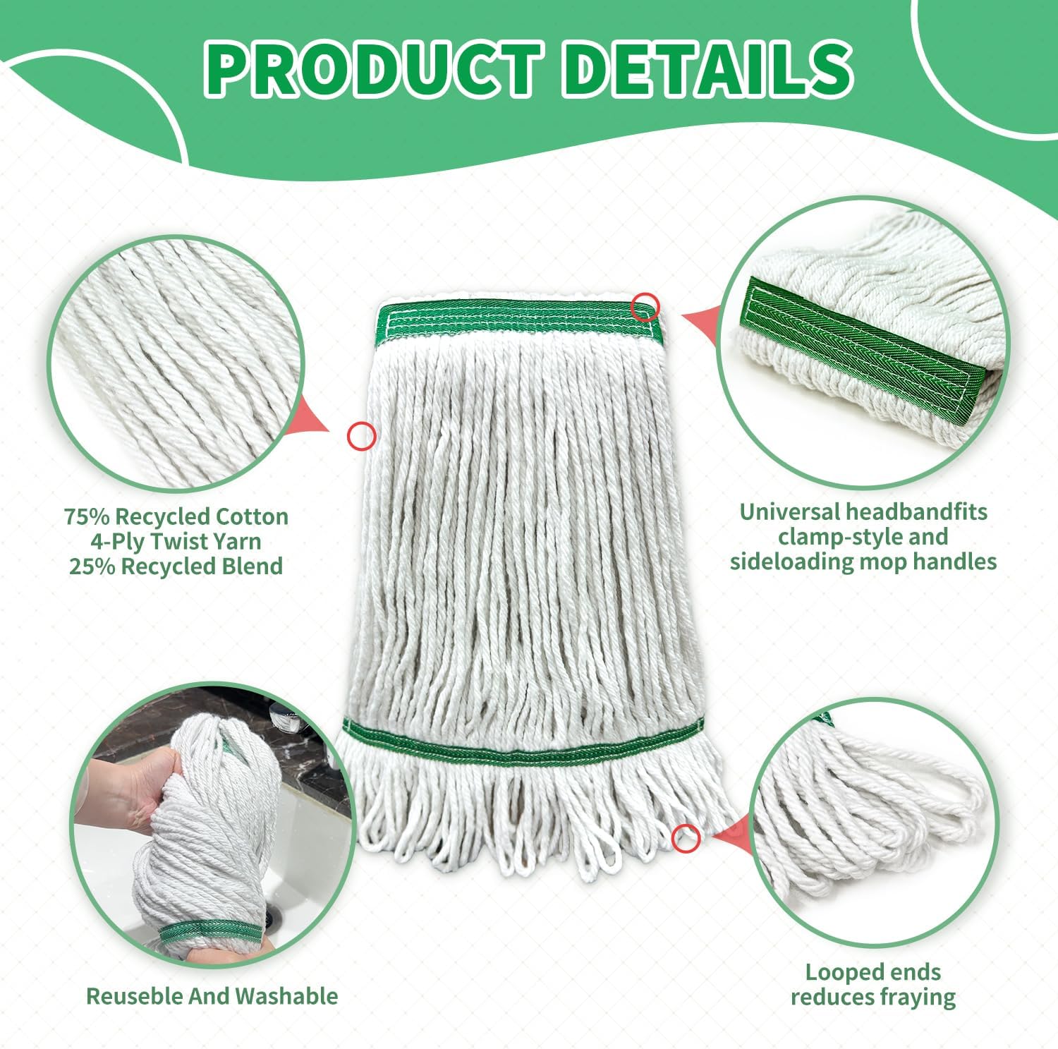 6 Pack Heavy Duty Mop Heads with Looped Ends