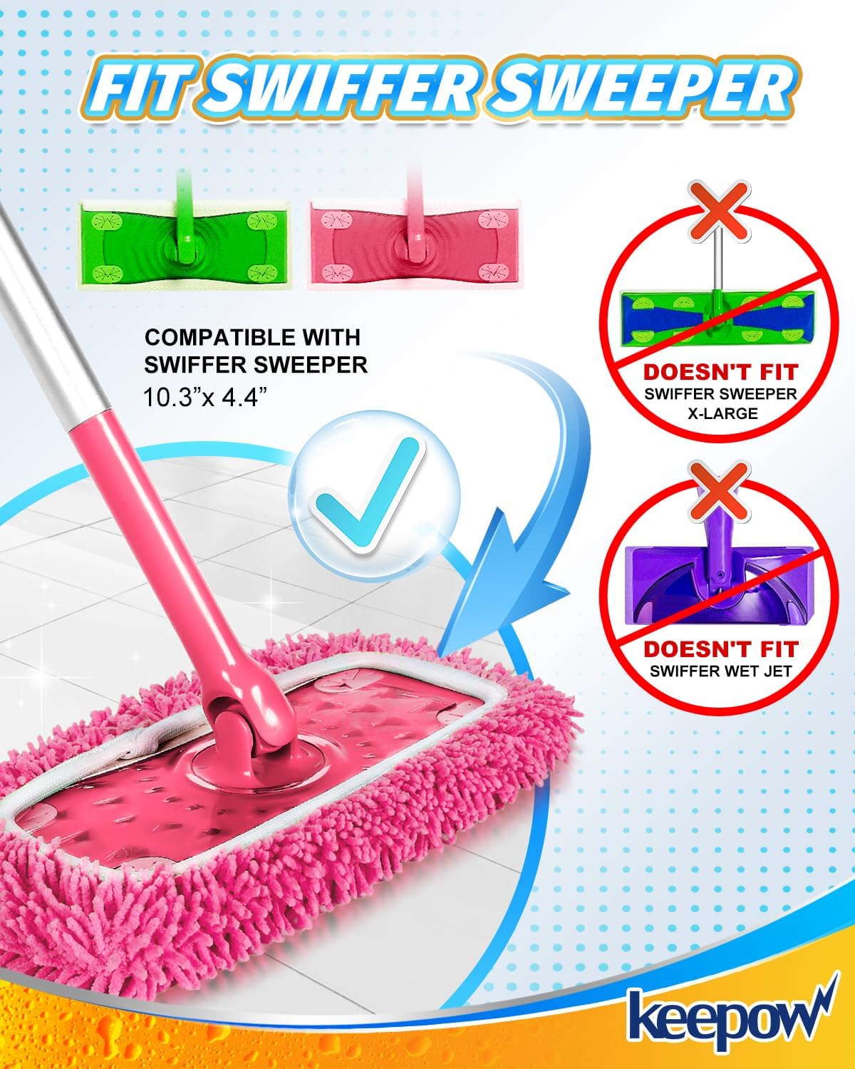 KEEPOW Reusable Microfiber Mop Pads 4PCS for Swiffer Sweeper