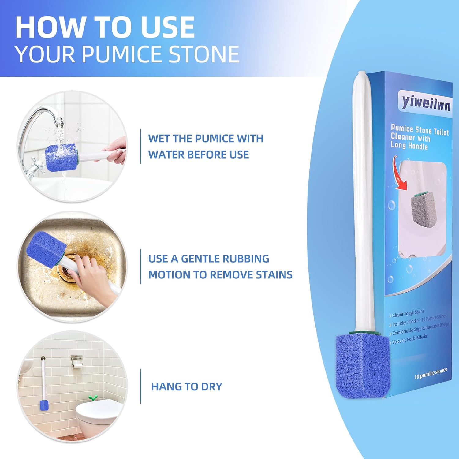 Yiweiiwn Pumice Stone Cleaner with 2 Handles and 10 Stones Blue