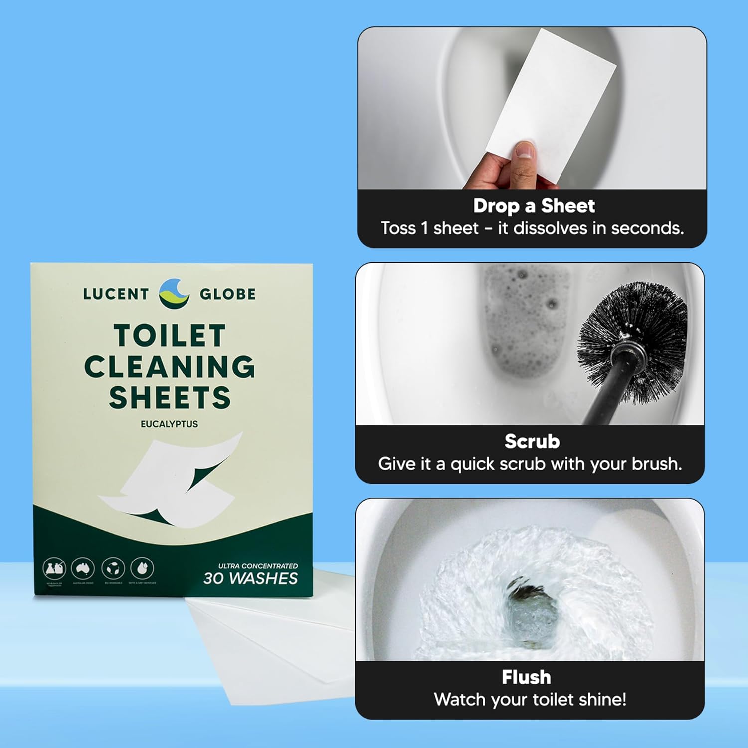 Lucent Globe Toilet Cleaning Sheets - Eucalyptus Fresh Septic Safe