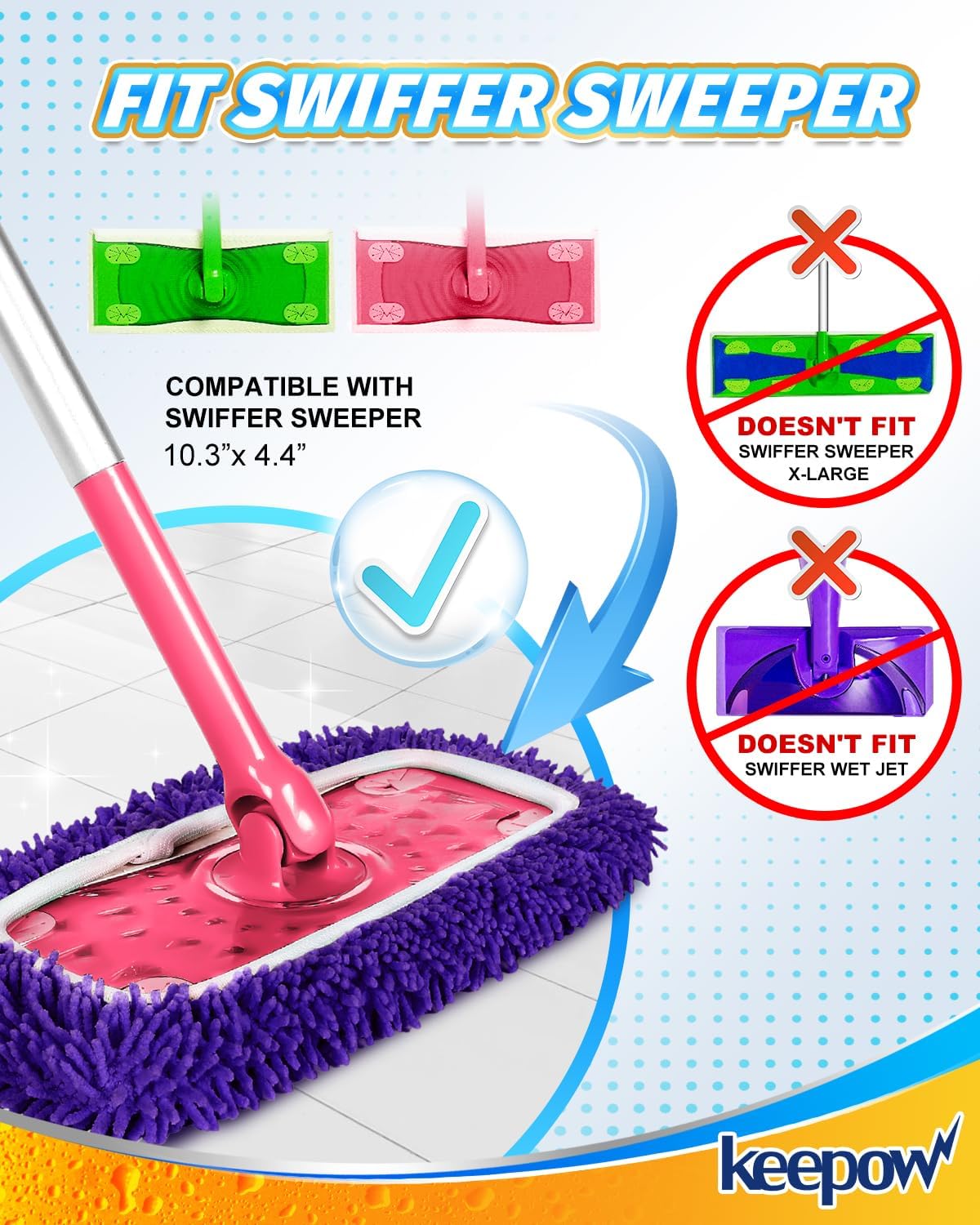 KEEPOW 8Pcs Reusable Microfiber Mop Pads for Swiffer Sweeper