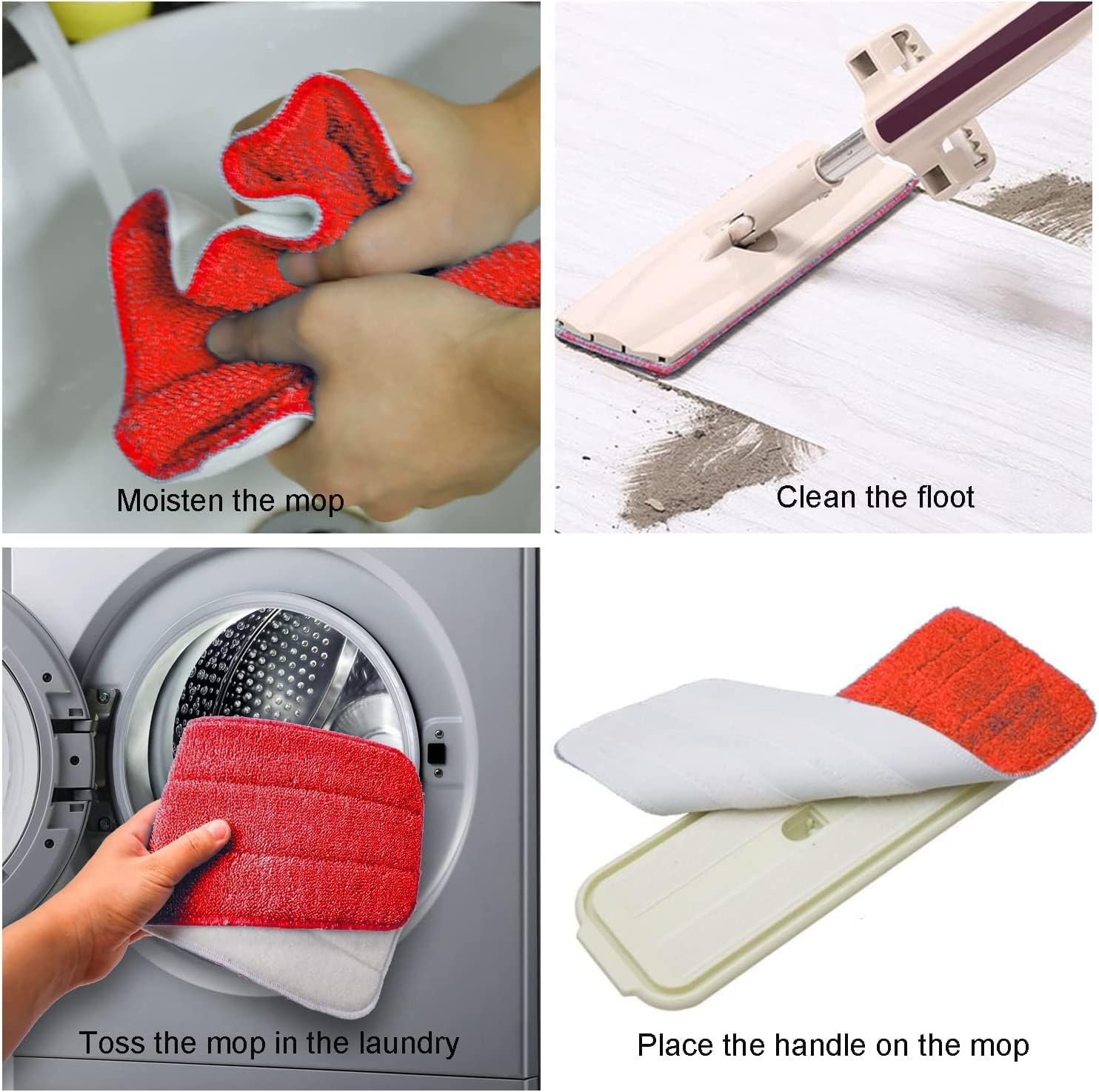 Microfiber Mop Pads 18x6 Inch Set of 12 Red Reusable Replaceable
