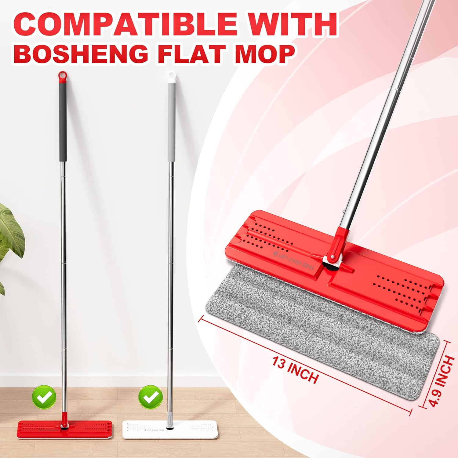 BOSHENG 13-Inch Flat Mop Pads - Grey Reusable Pack of 4