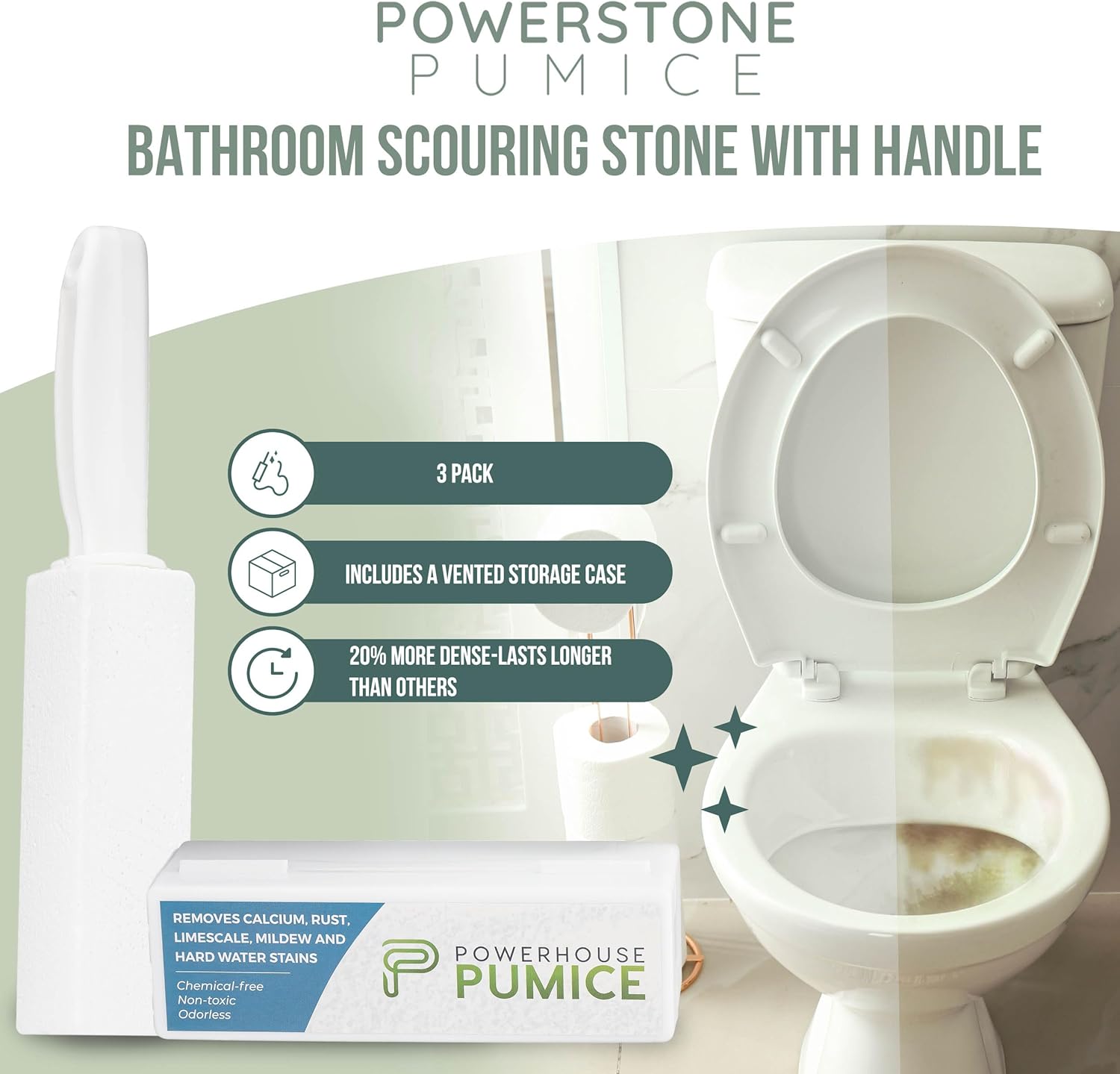Powerstone Pumice Stone Toilet Cleaner with Handle - 3-Pack