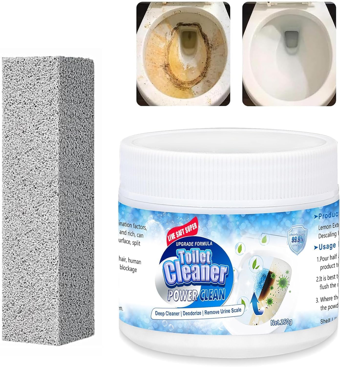 Toilet Bowl Cleaner Powder Pumice Stone Set