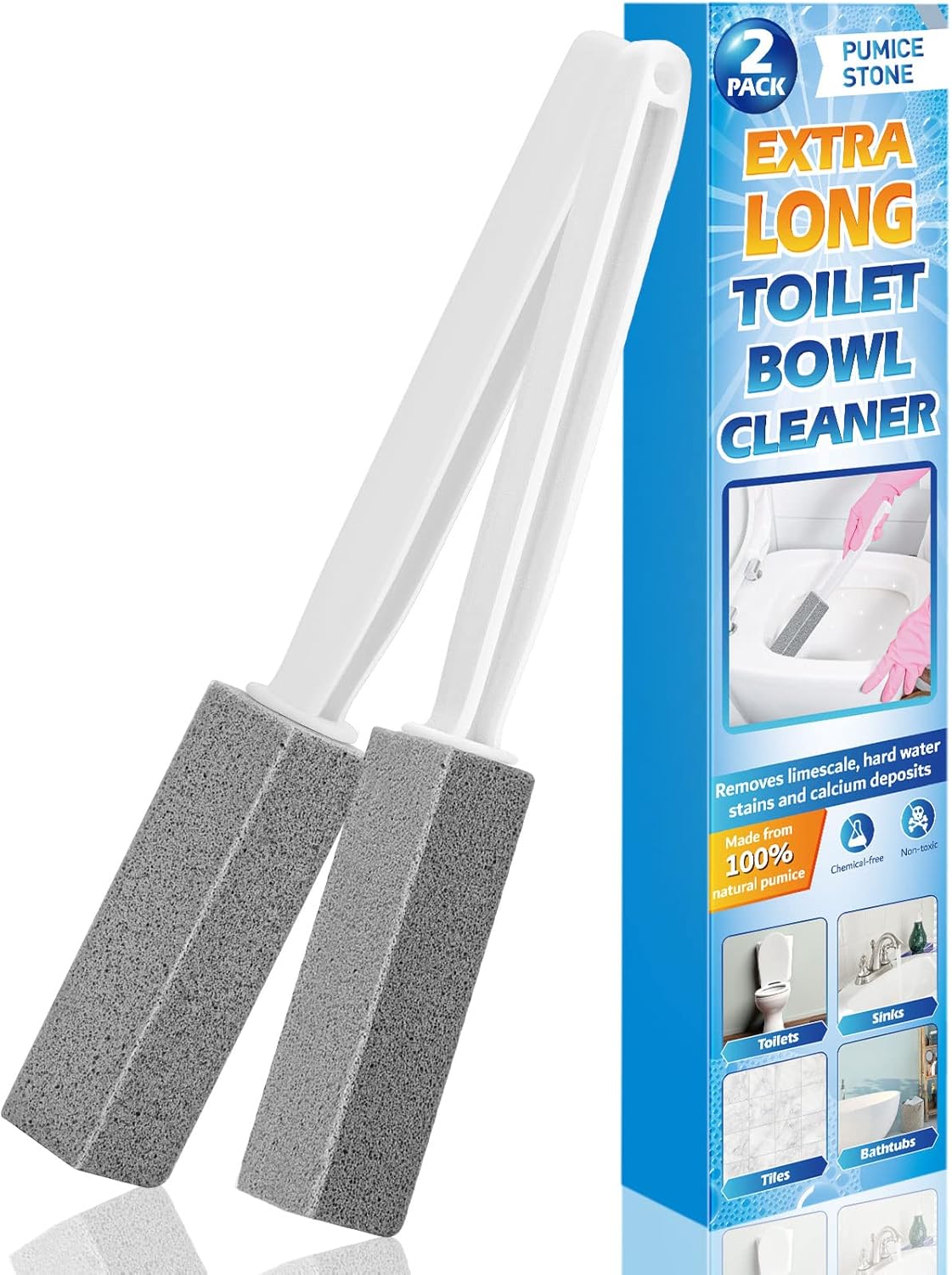 2 Pack Pumice Stones with Extra Long Handle for Toilet Cleaning