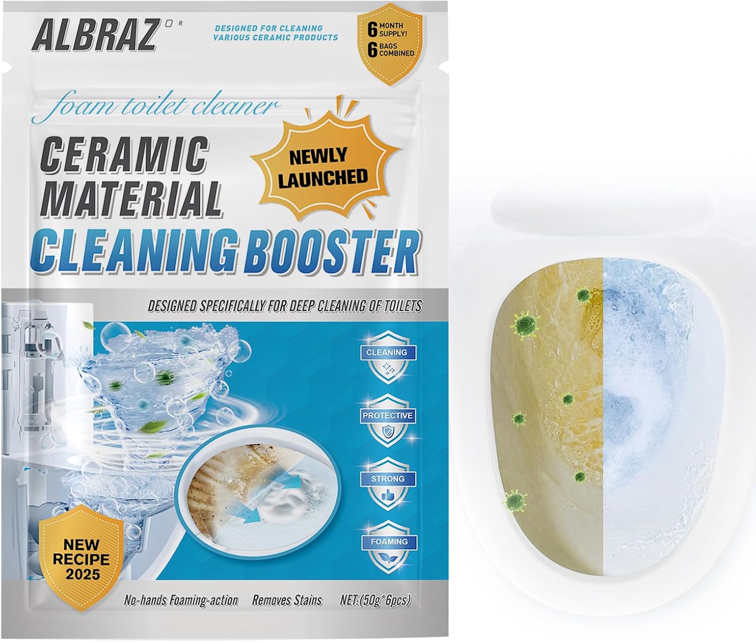 ALBRAZ Foam Toilet Cleaner - 50g x 6pcs Hands-Free Deep Cleaner