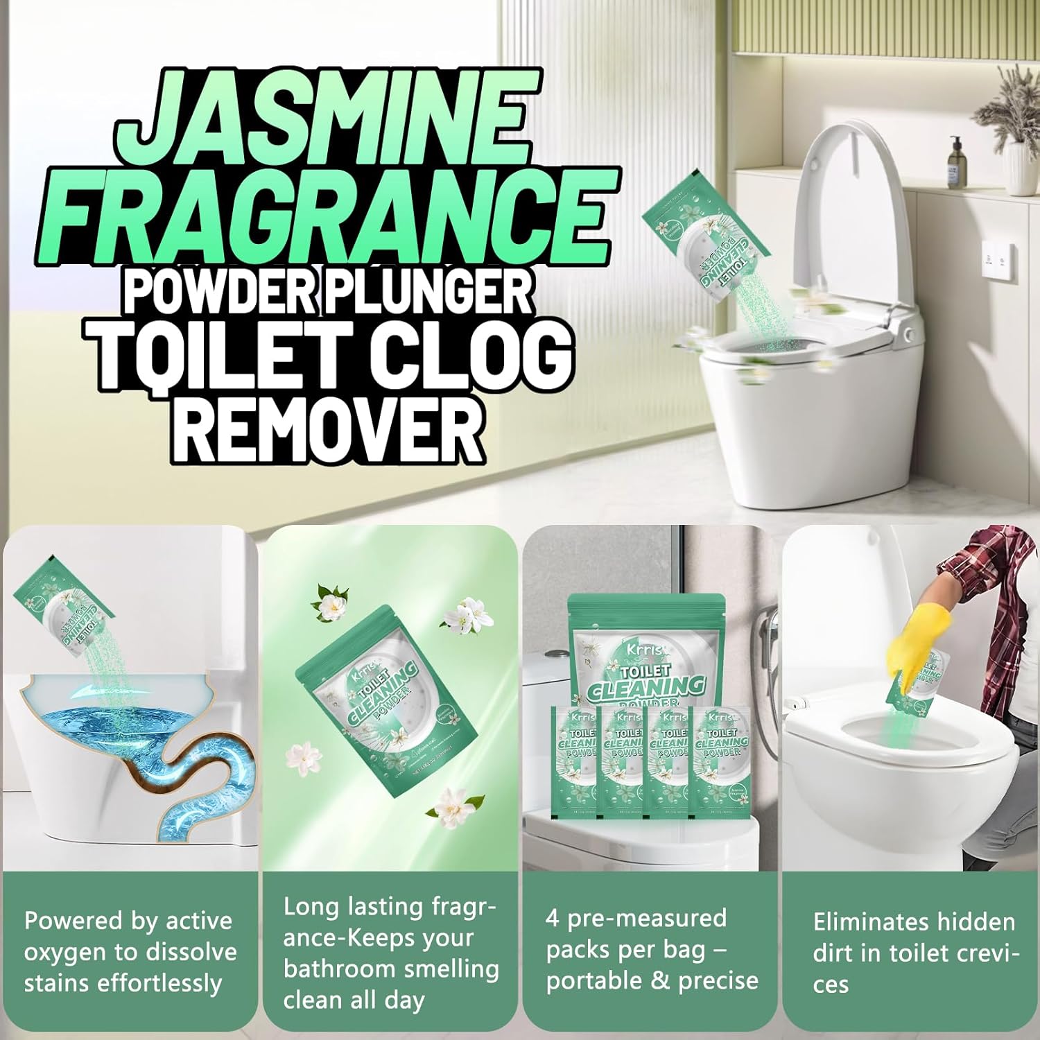 Krris Foaming Toilet Cleaner - Jasmine Scent - 12 Treatments 4 Pack of 3 Oz
