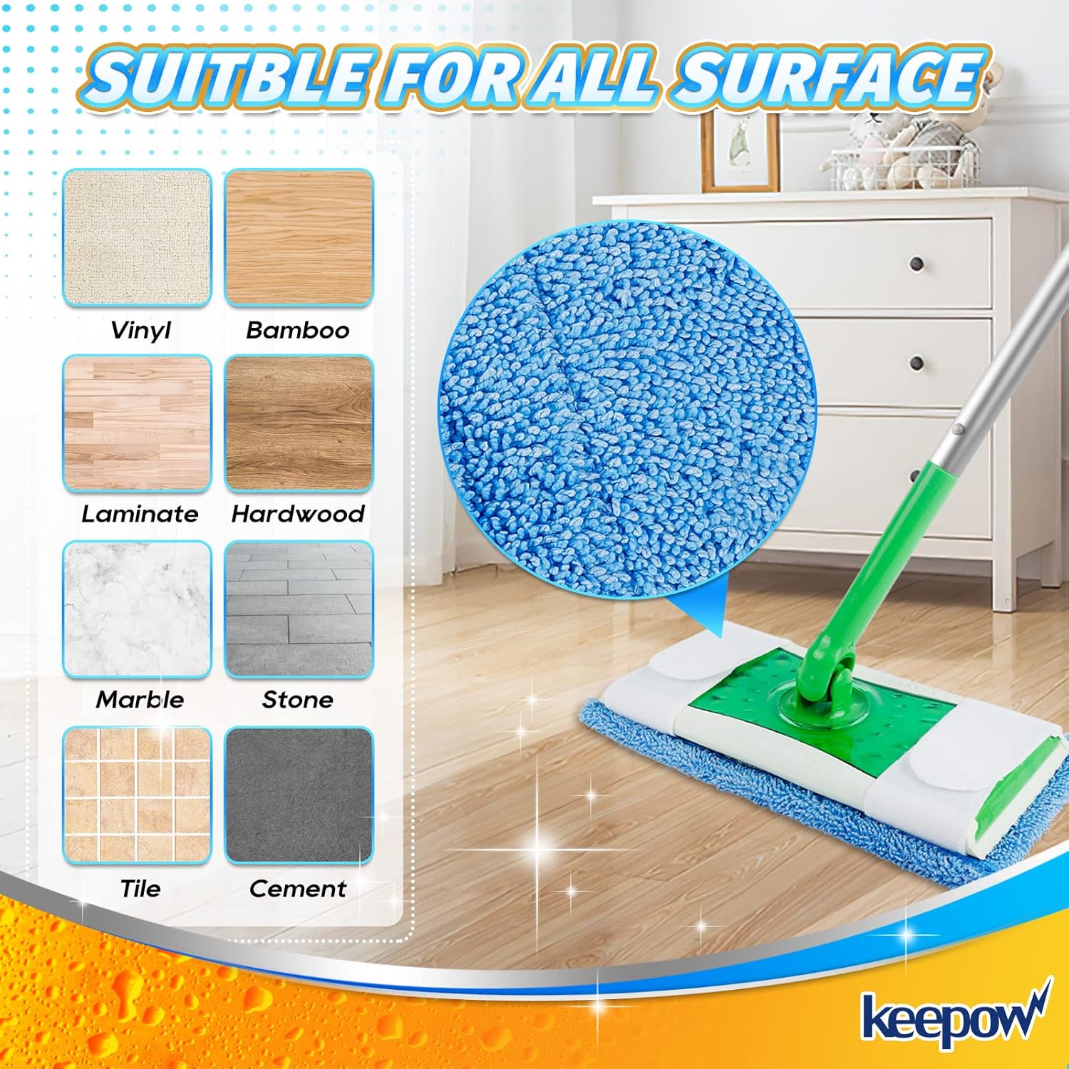 KEEPOW 2 Pack Reusable Microfiber Mop Pads for Swiffer
