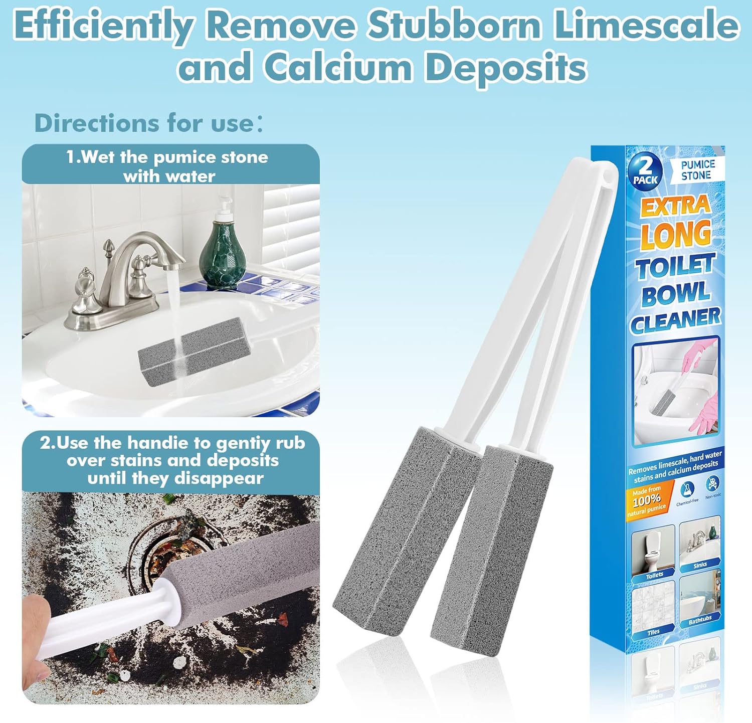 2 Pack Pumice Stones with Extra Long Handle for Toilet Cleaning