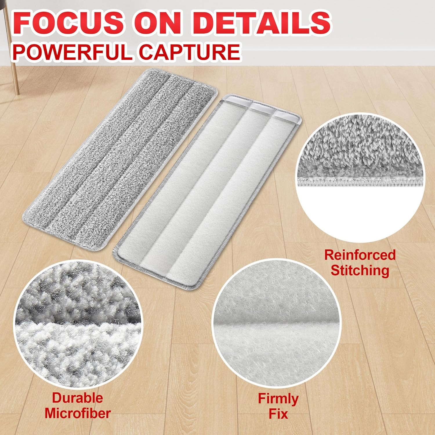 BOSHENG 13-Inch Flat Mop Pads - Grey Reusable Pack of 4
