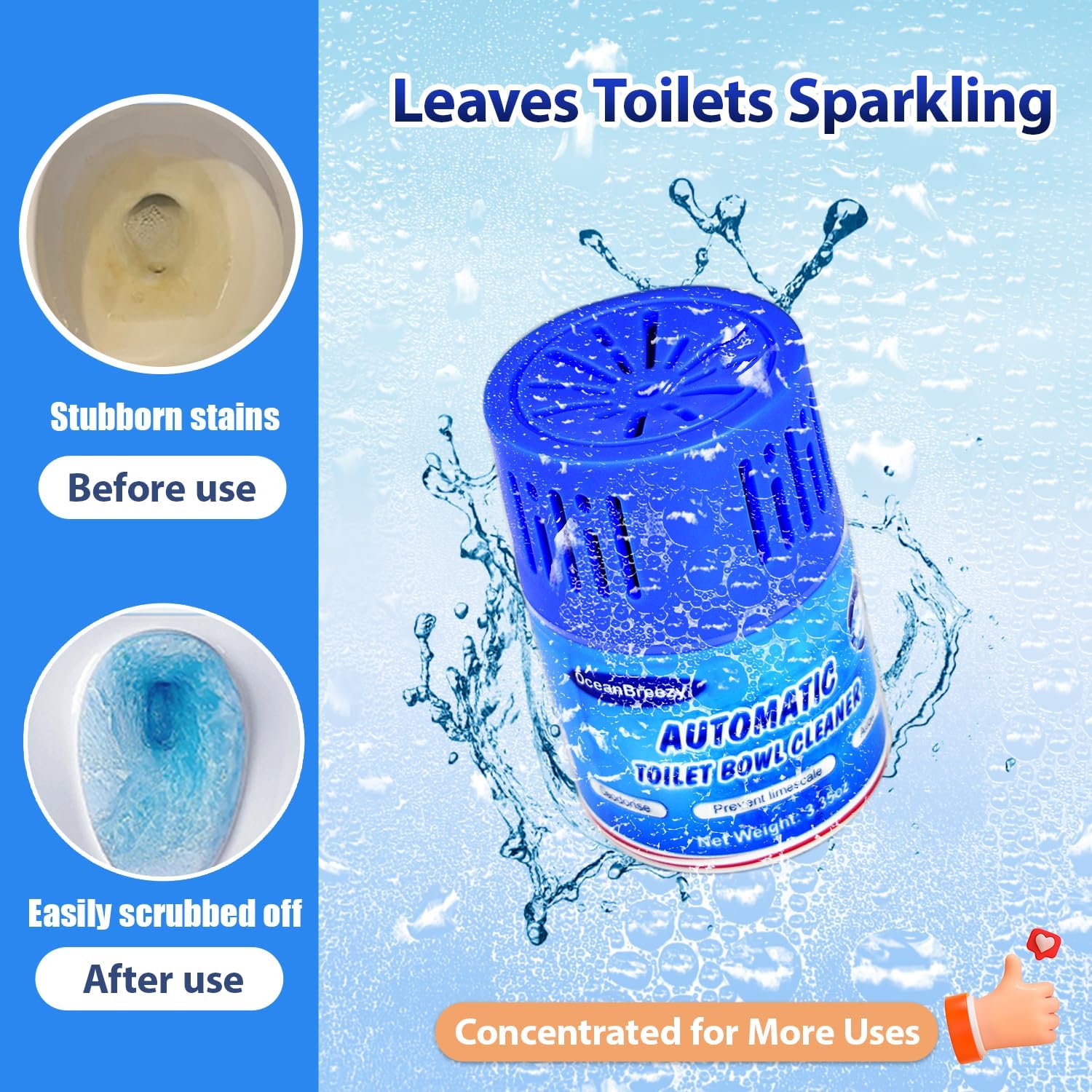 OceanBreezy Toilet Cleaner Tablets 2 Bottles 2800 Flushes Each Septic Safe Stain-Free