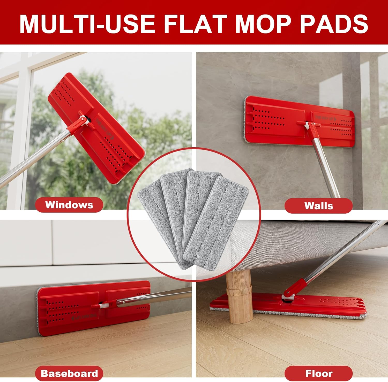 BOSHENG 13-Inch Flat Mop Pads - Grey Reusable Pack of 4