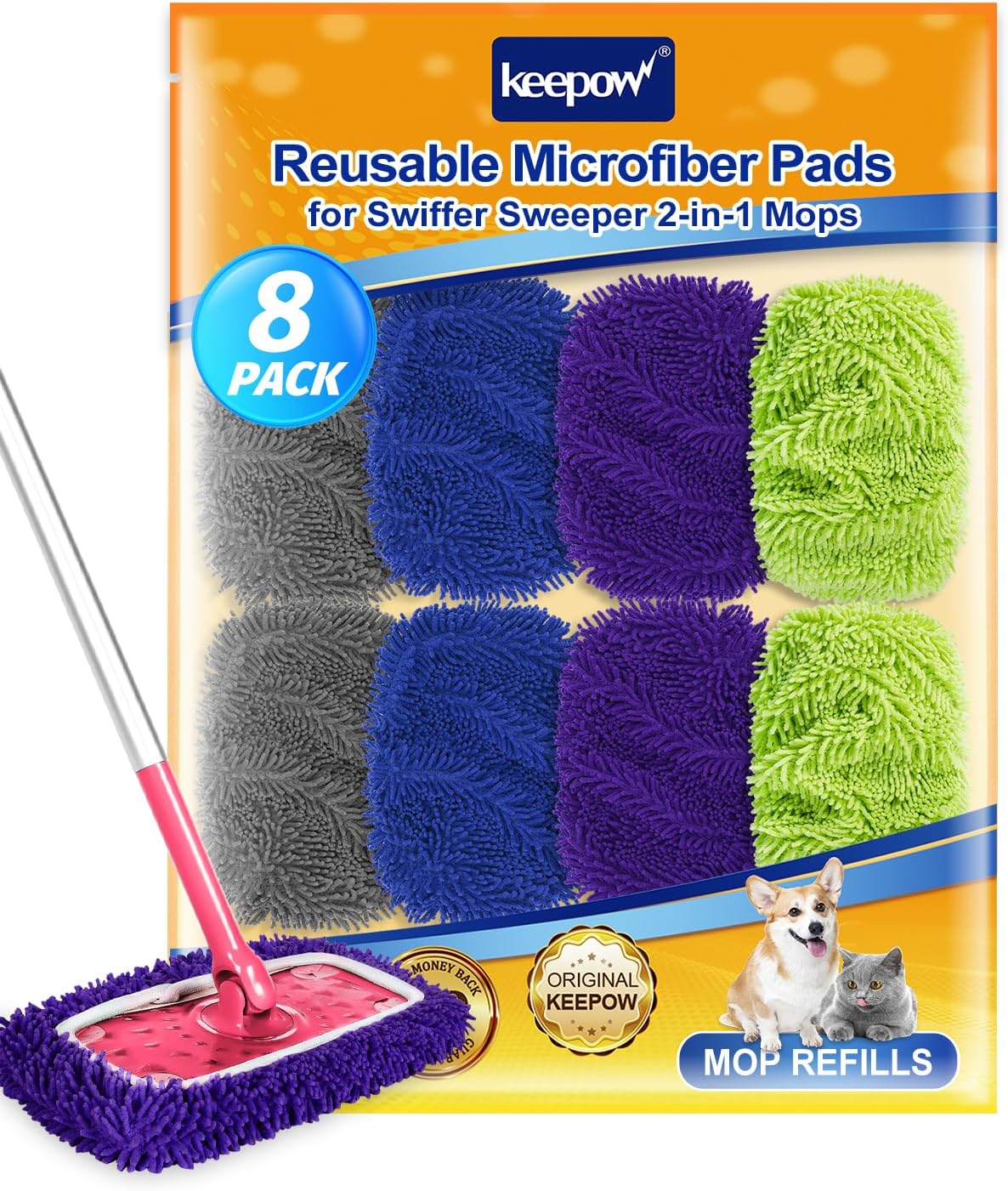 KEEPOW 8Pcs Reusable Microfiber Mop Pads for Swiffer Sweeper