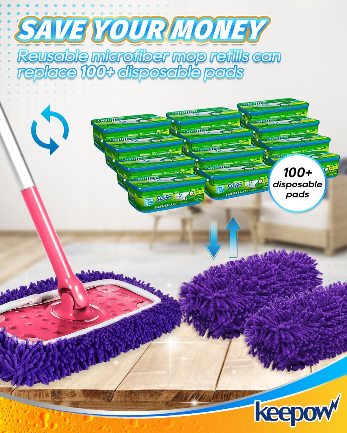 KEEPOW 8Pcs Reusable Microfiber Mop Pads for Swiffer Sweeper
