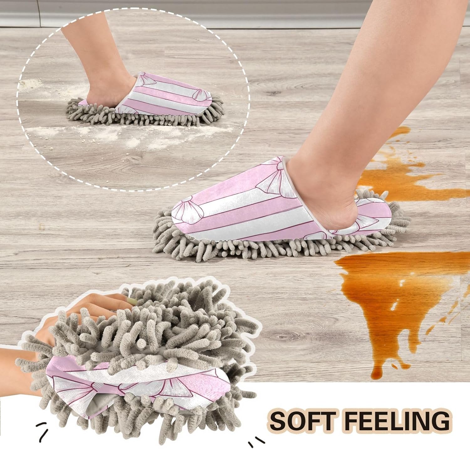 FLildon Microfiber Mop Slippers Bow Stripes Pink White Washable
