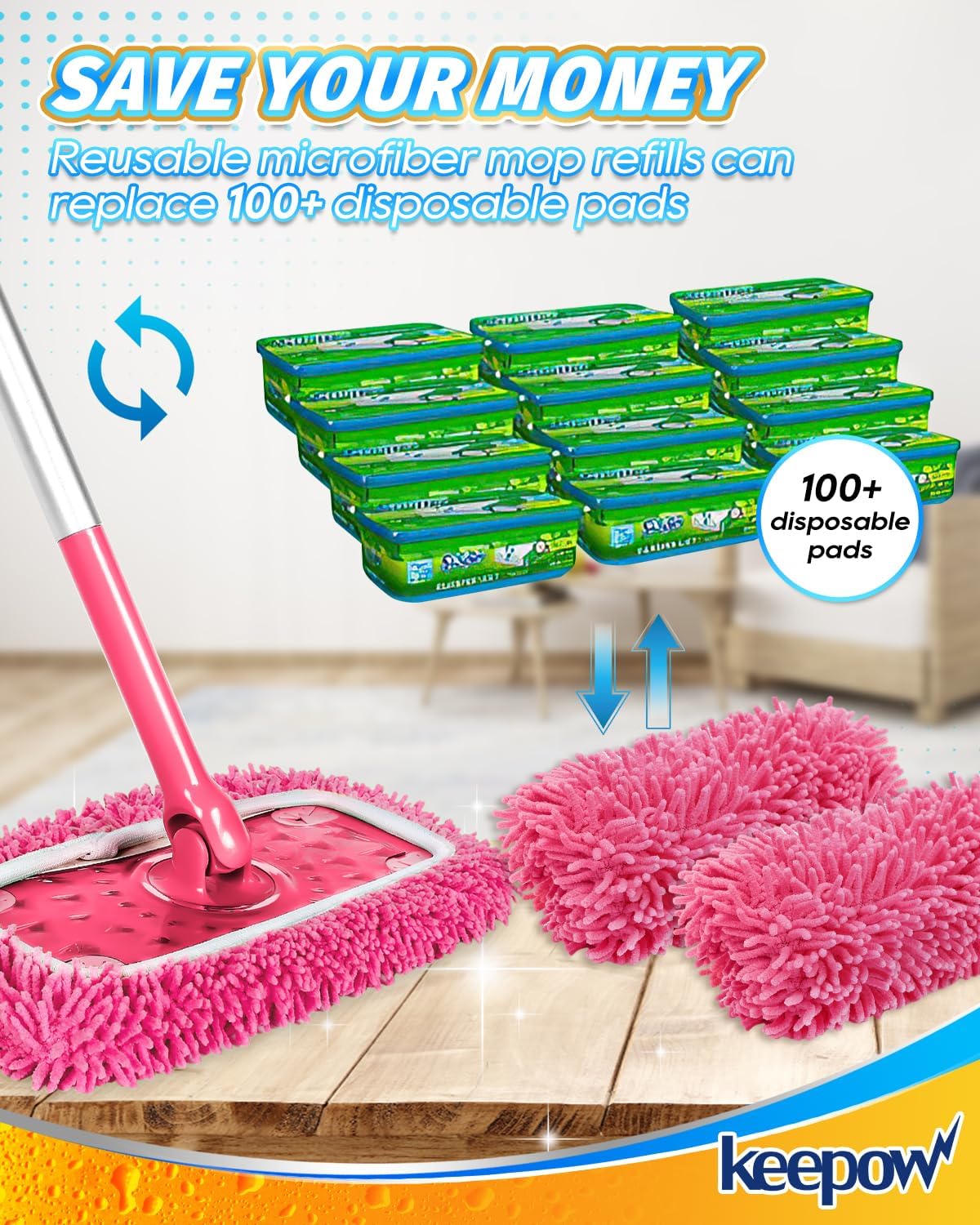 KEEPOW Reusable Microfiber Mop Pads 4PCS for Swiffer Sweeper