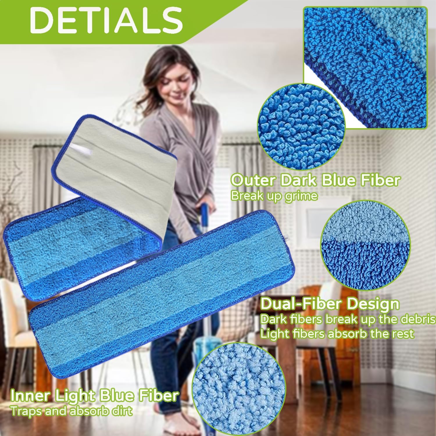 3 Pack Washable Reusable Microfiber Mop Pads for Bona 18 Inch Replacement