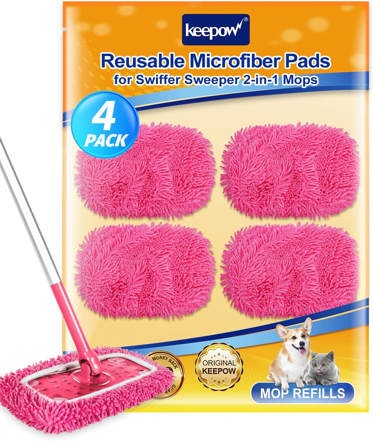KEEPOW Reusable Microfiber Mop Pads 4PCS for Swiffer Sweeper