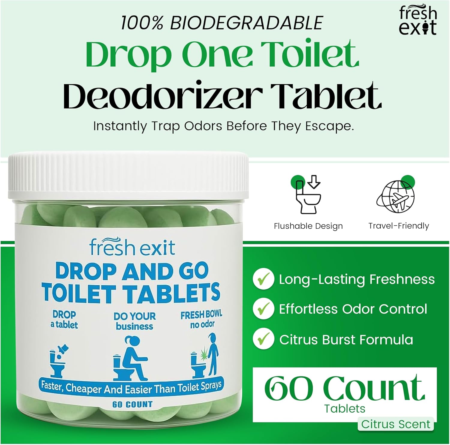 FreshExit Toilet Deodorizer Tablets 60 Count Citrus Scent