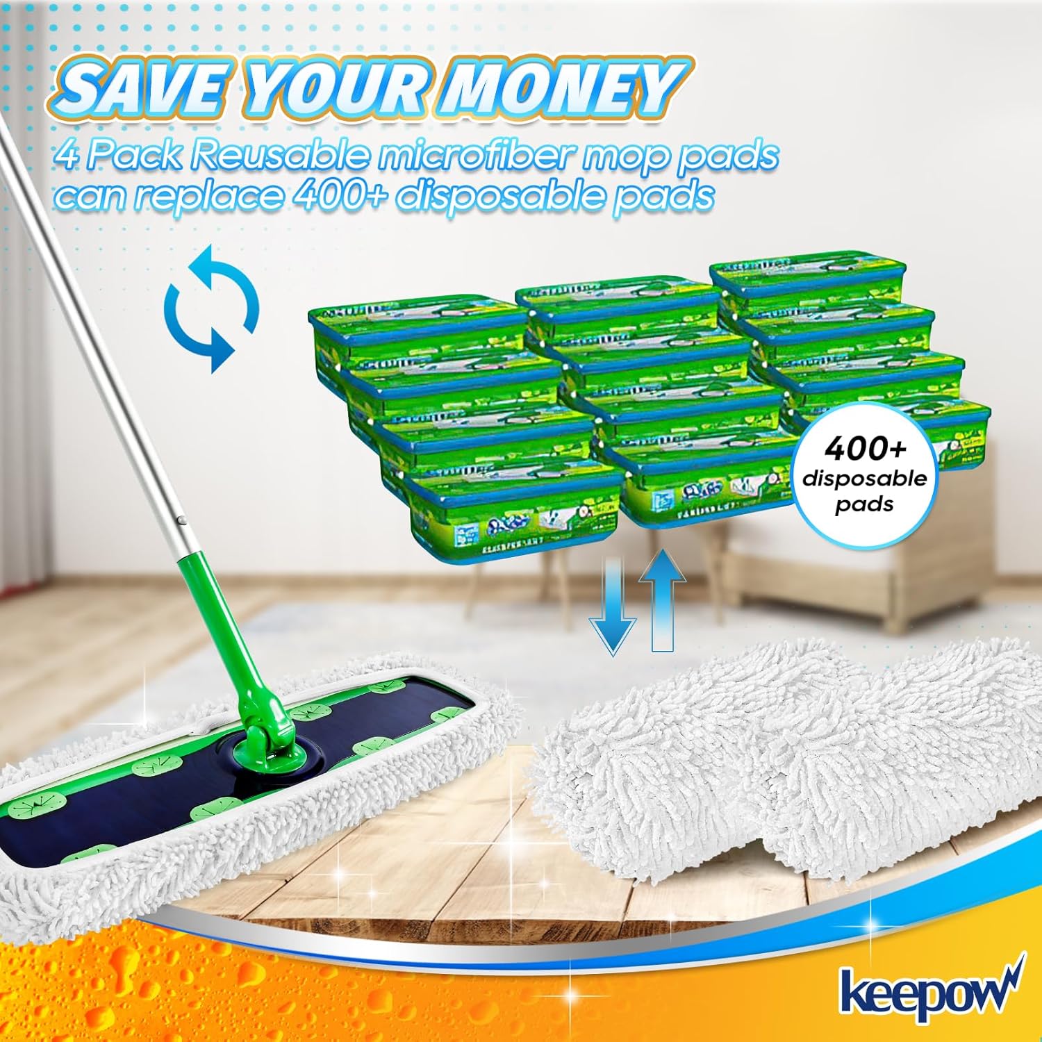 KEEPOW Reusable XL Mop Pads 4 Pack for Swiffer Sweeper XL
