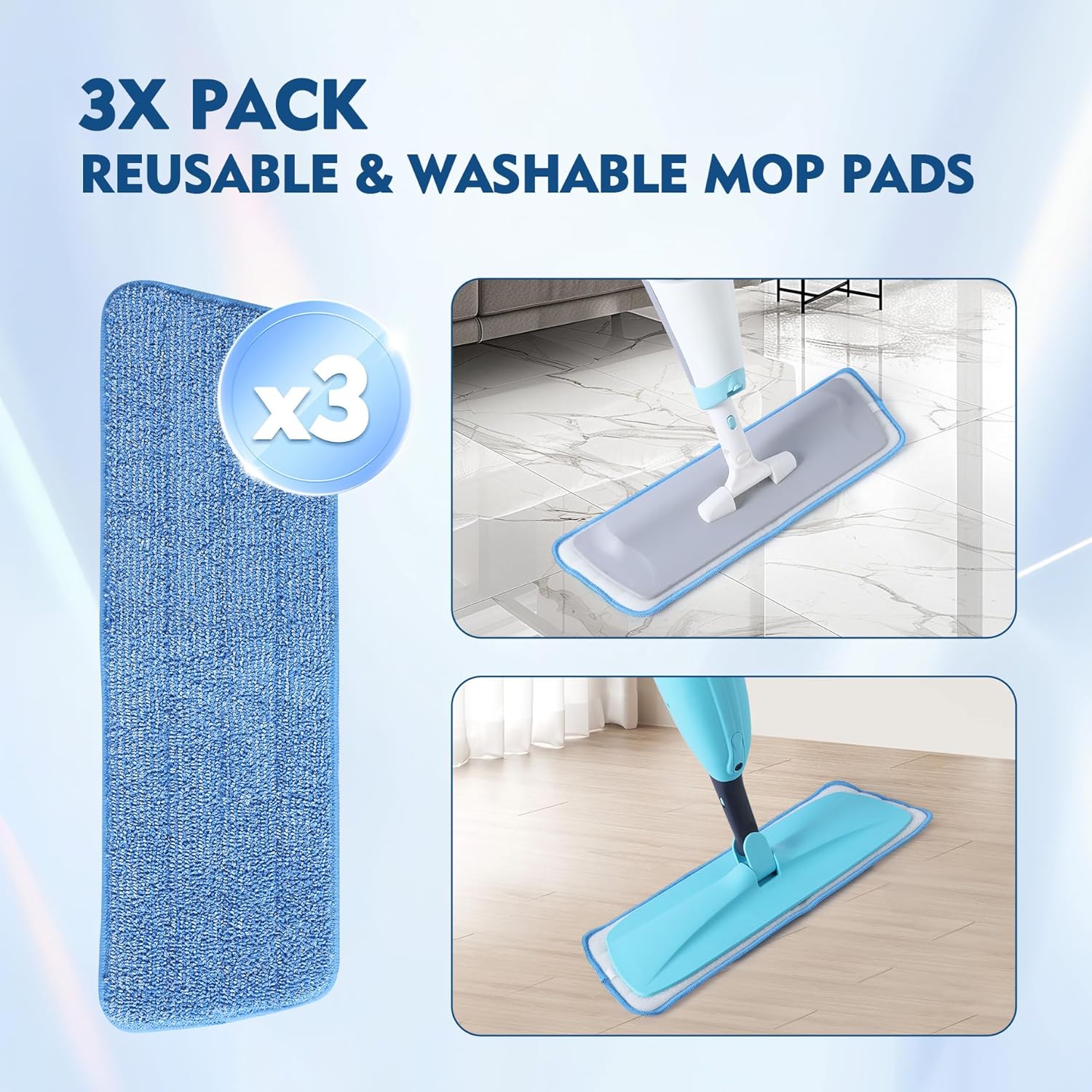 3 Pack Microfiber Mop Pads Refills - Reusable Cleaning Pads for All Spray Mops