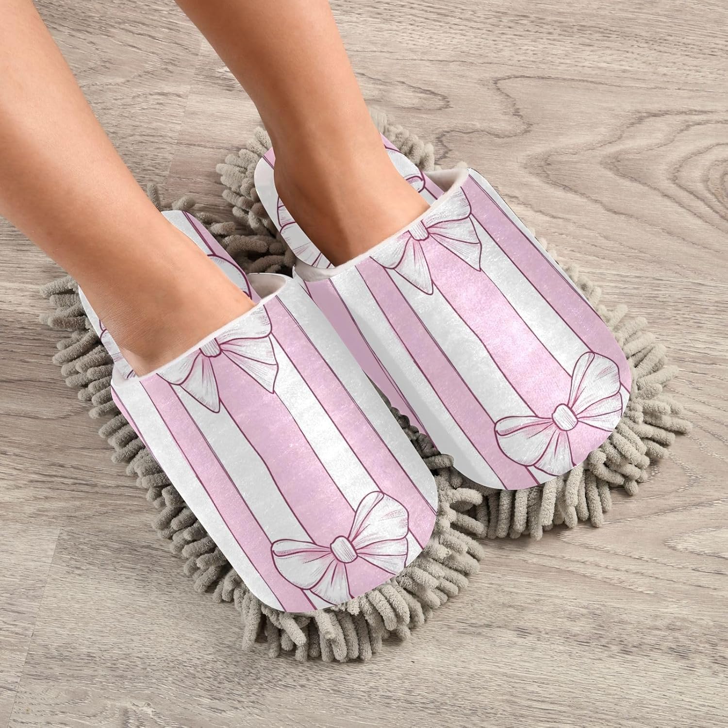 FLildon Microfiber Mop Slippers Bow Stripes Pink White Washable